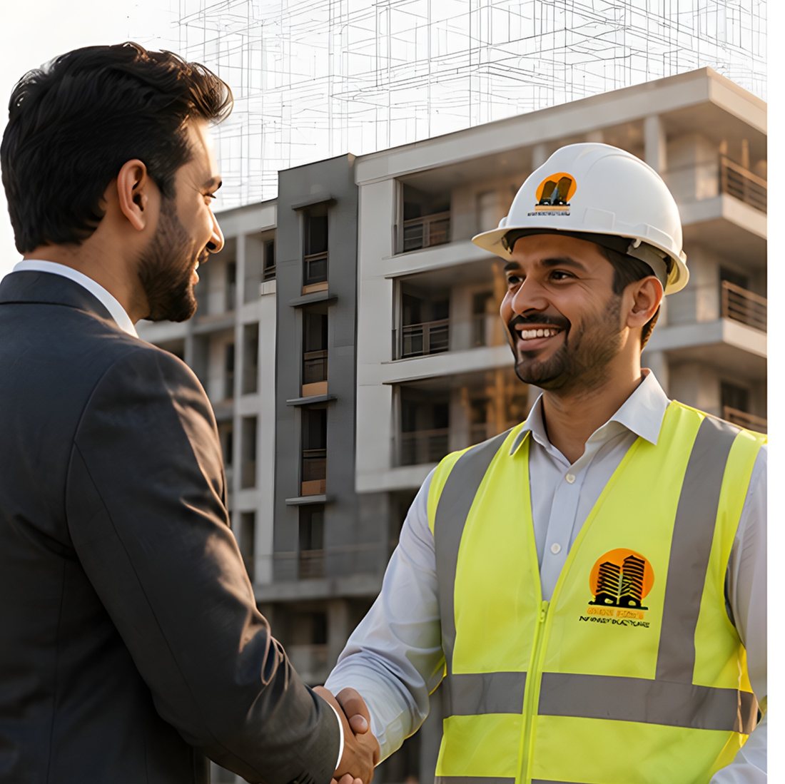 Client and Shri Ram Infrastructure engineer shaking hands at a construction site